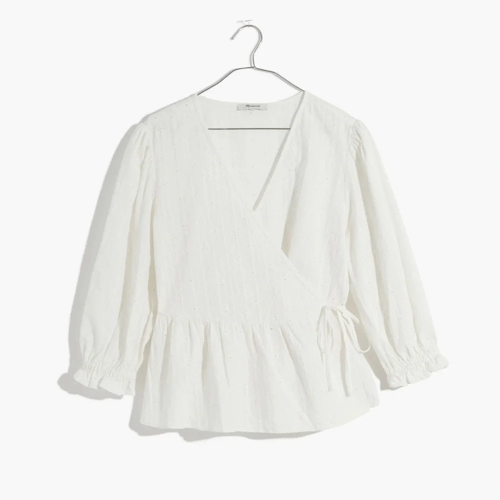 Madewell Embroidered Eyelet‎ Puff-Sleeve Peplum Wrap Top XXS